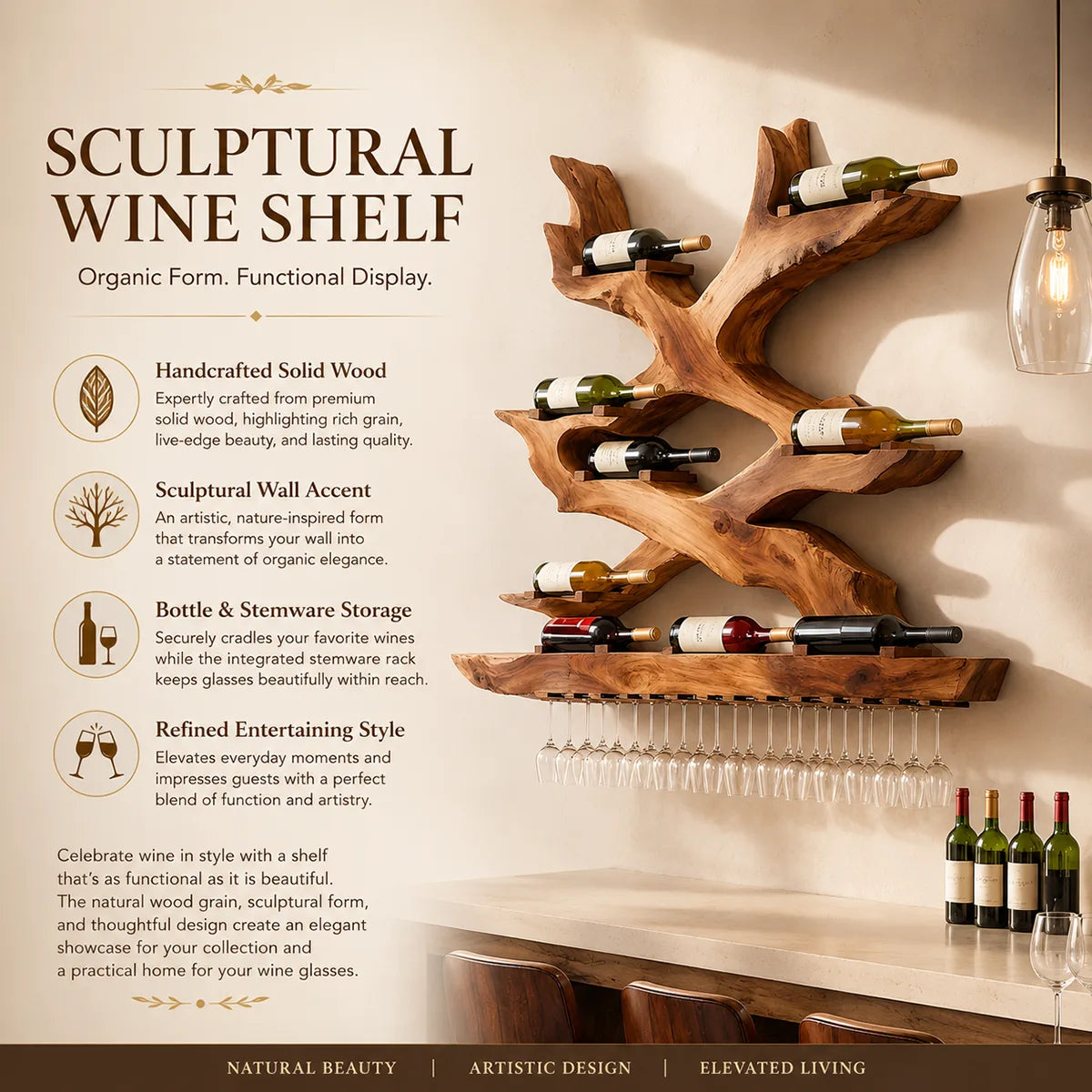 Mid Century Vineweave Solid Wood Wall Wine Rack for Home Bars & Wine Collectors TT006-8476