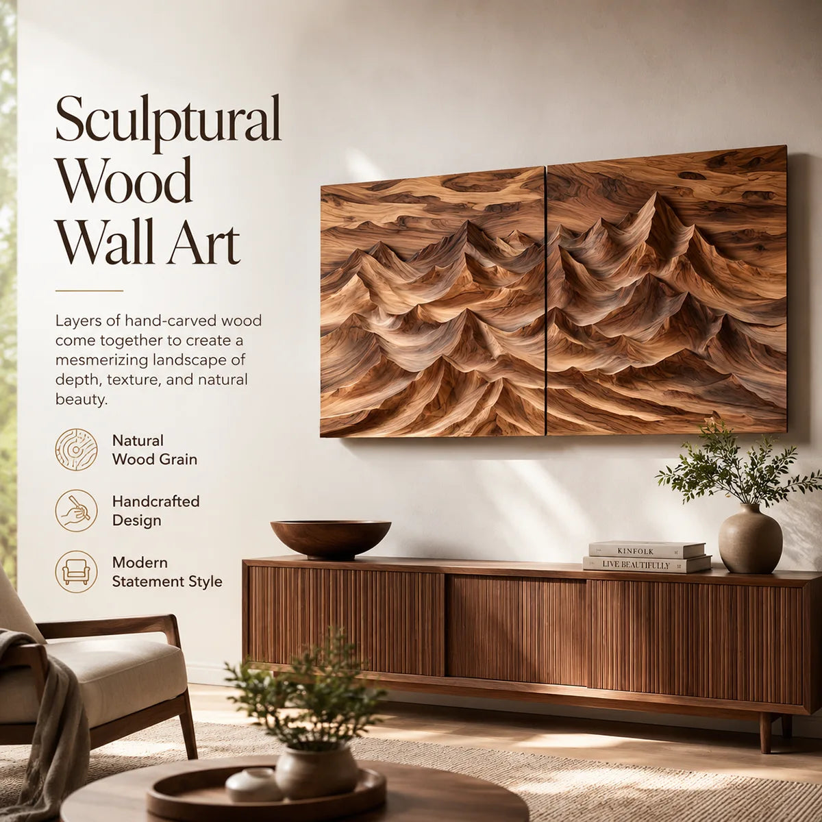 Panoramic Wood Mountain Wall Art | Modern Carved Wooden Wall Decor for Living Room, Bedroom & Office TT006-8613