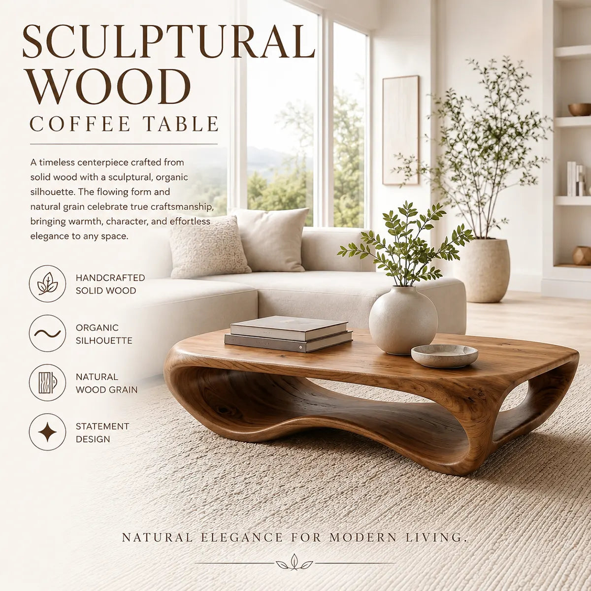 Modern Organic Coffee Table | Sculptural Low Profile Center Table for Contemporary Living Room TT006-3779