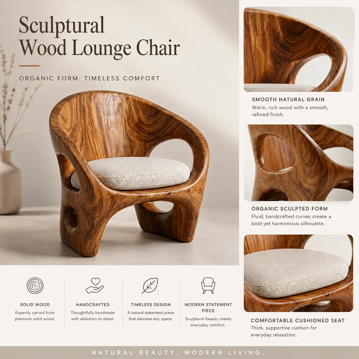 Organic Solid Wood Lounge Chair | Sculptural Handcrafted Wooden Accent Chair TT006-2626