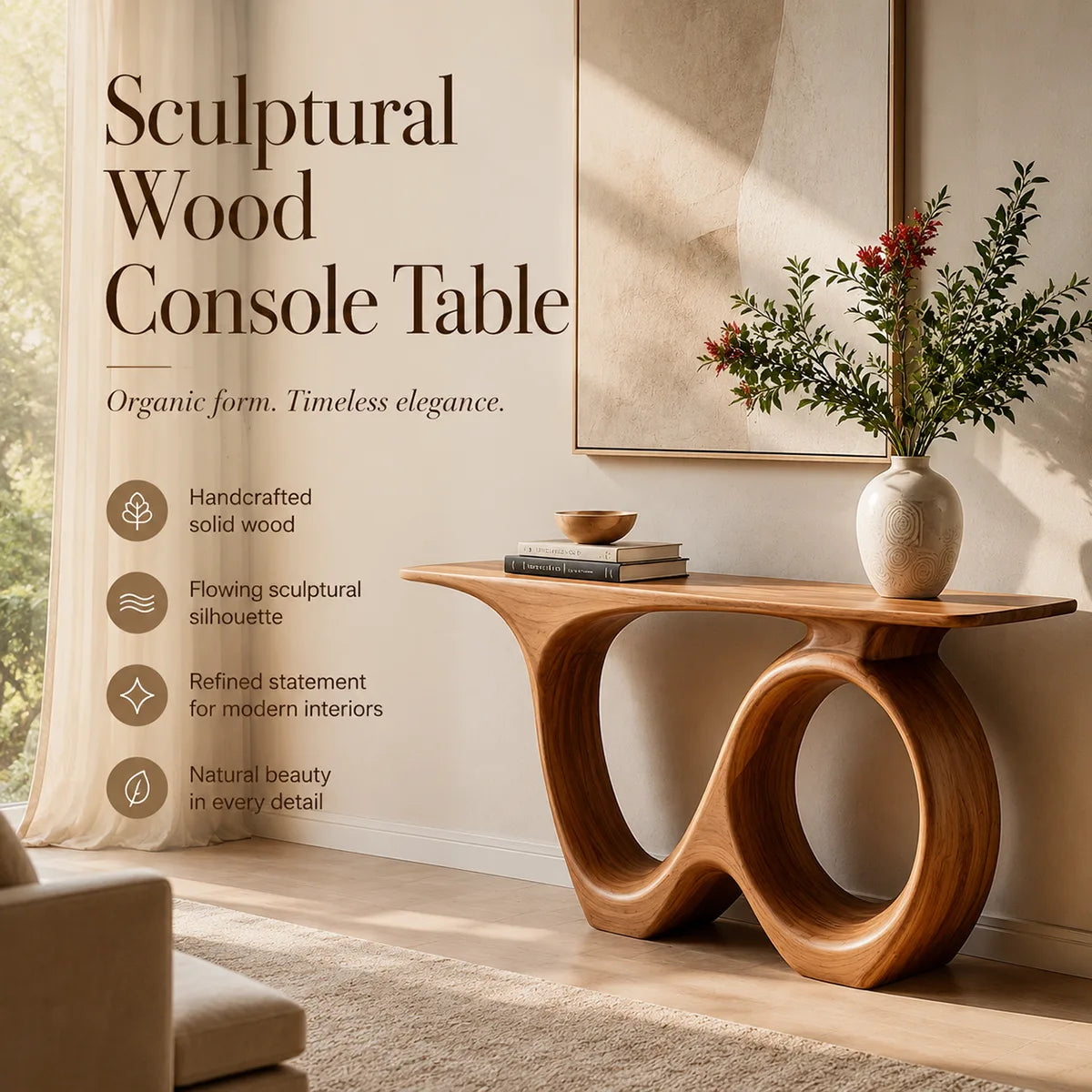 Modern Organic Console Table with Sculptural Solid Wood Base | Contemporary Entryway Console TT006-7937
