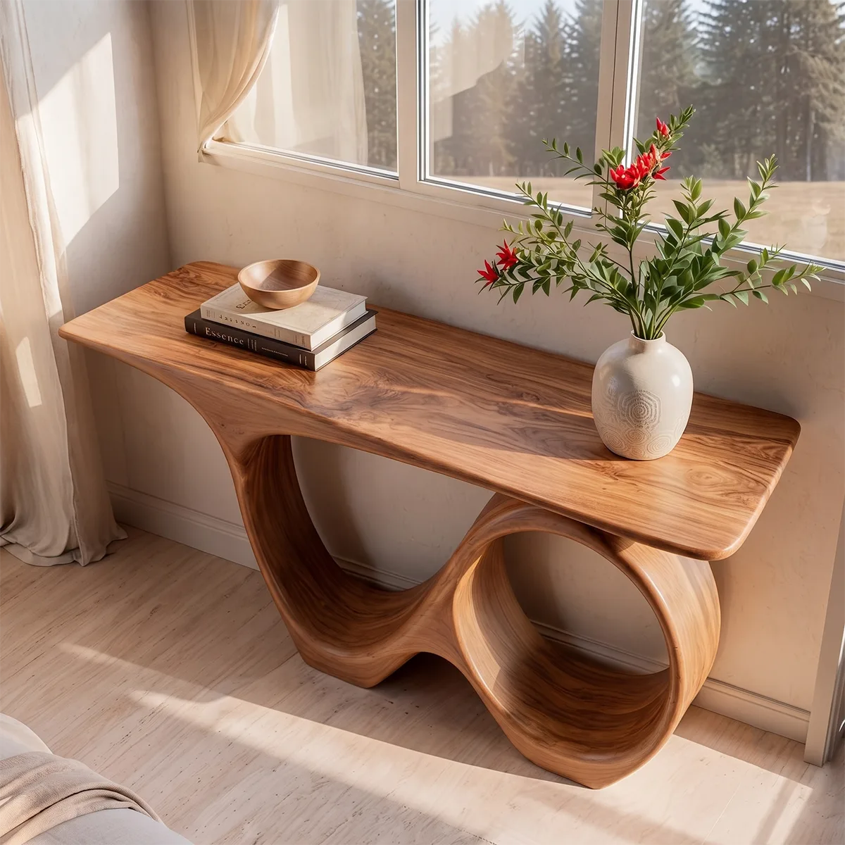 Modern Organic Console Table with Sculptural Solid Wood Base | Contemporary Entryway Console TT006-7937