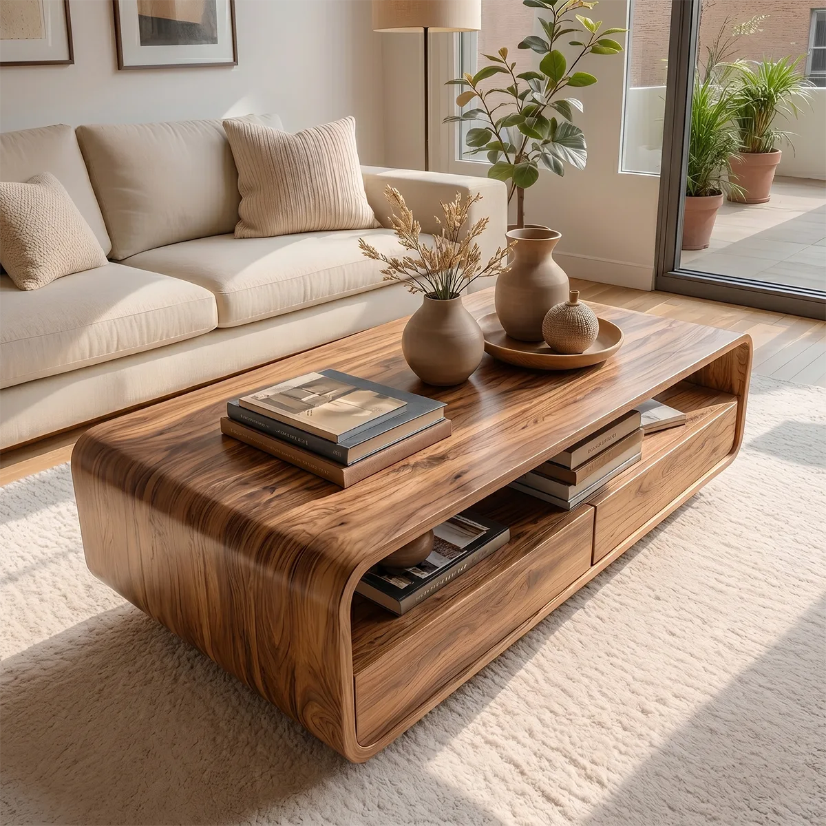 Modern Solid Wood Curved Coffee Table with Open Shelf and Drawers
