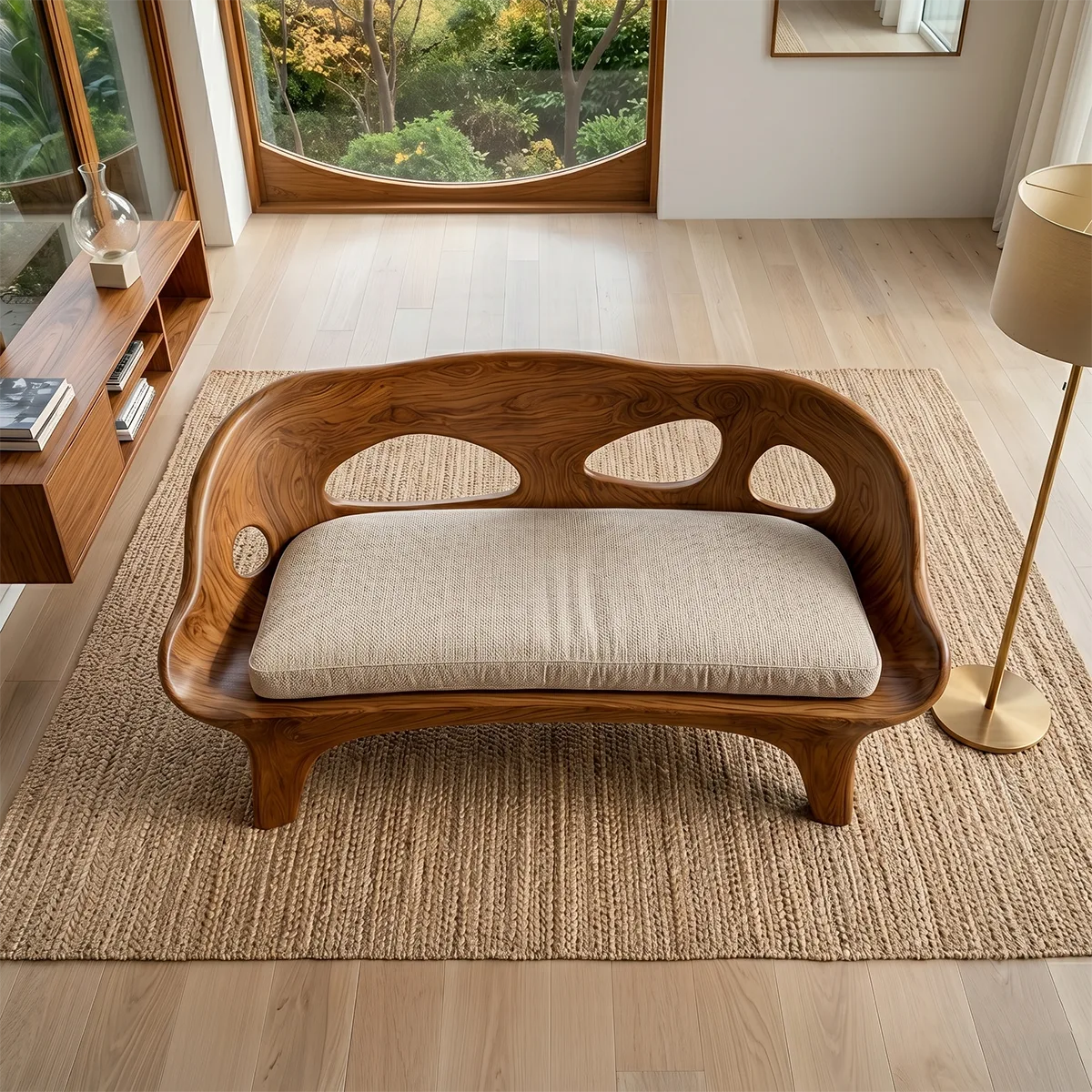 Organic Sculptural Wooden Sofa with Artistic Open-Back Design
