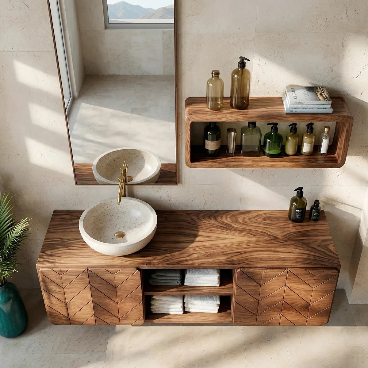 Floating Solid Wood Bathroom Vanity with Geometric Doors and Open Center Shelves