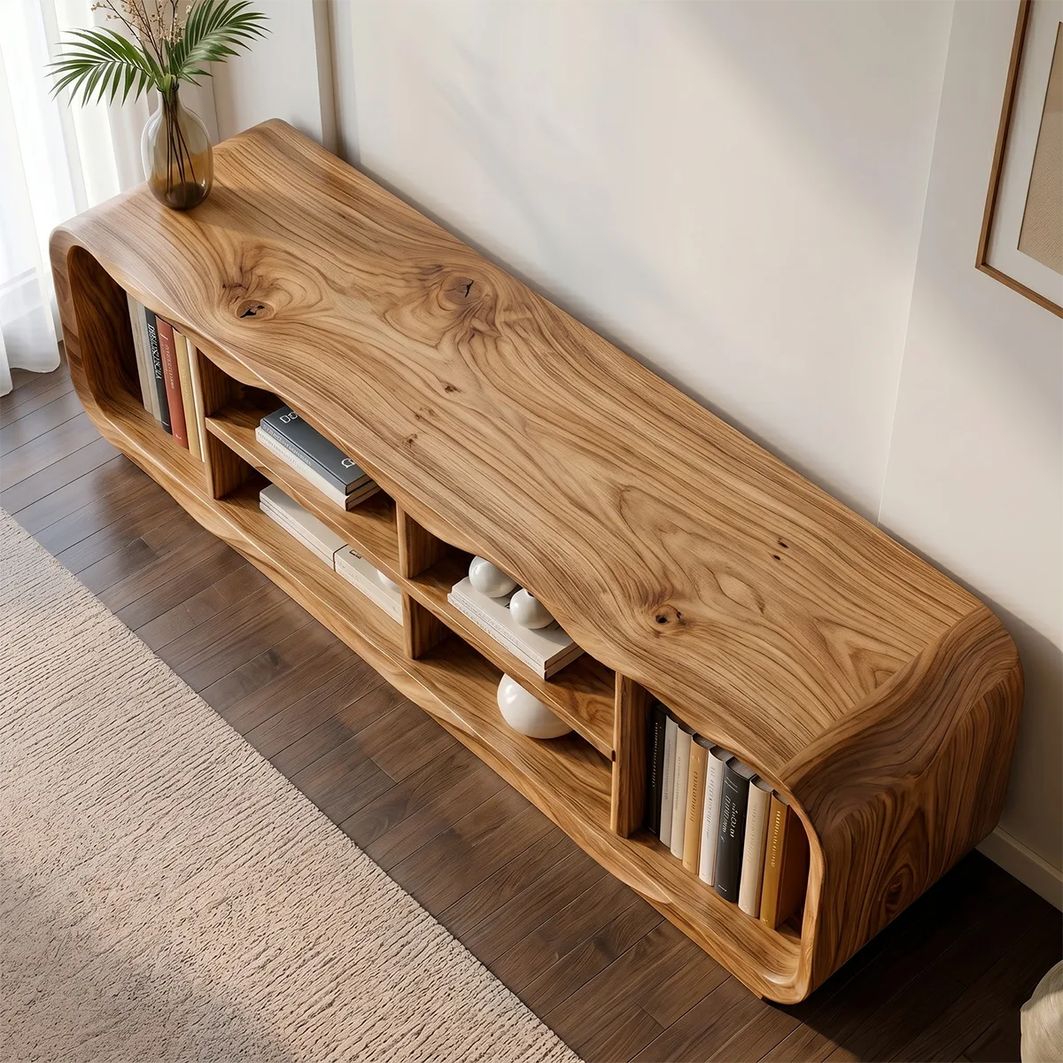 Modern Solid Wood Sculptural Rounded Open TV Stand