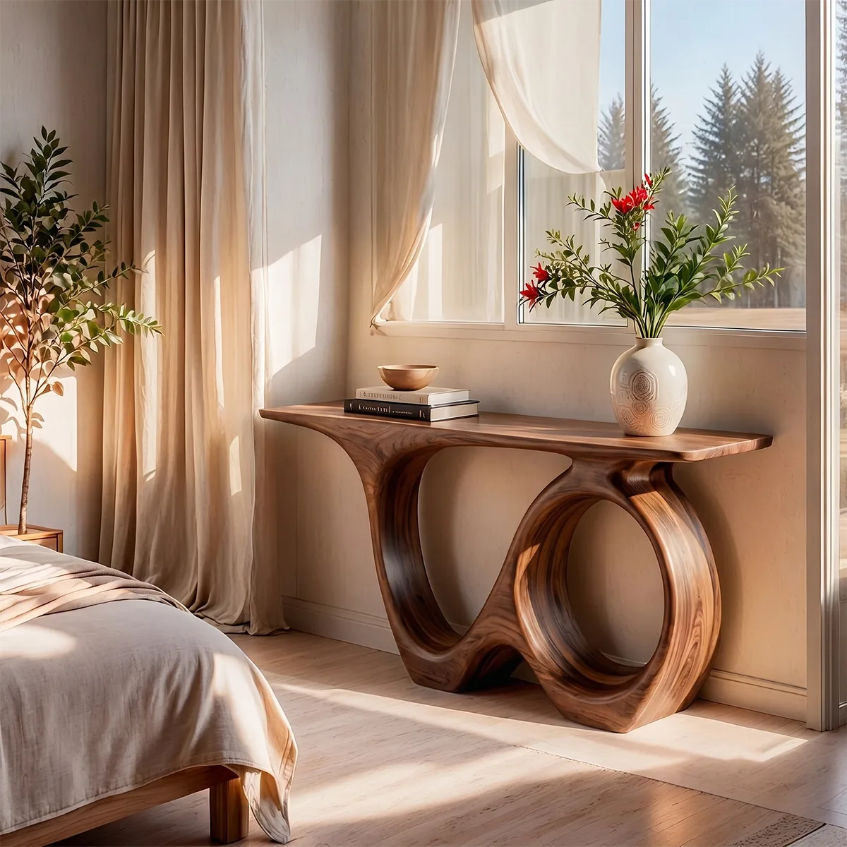 Modern Organic Console Table with Sculptural Solid Wood Base | Contemporary Entryway Console TT006-7937