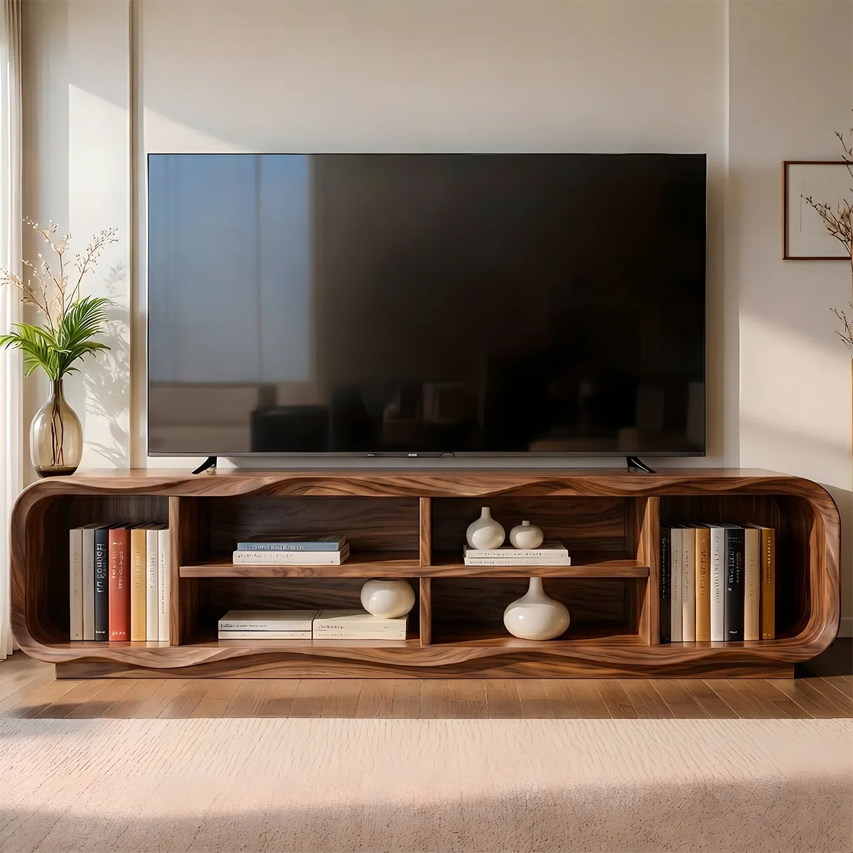 Modern Solid Wood Sculptural Rounded Open TV Stand