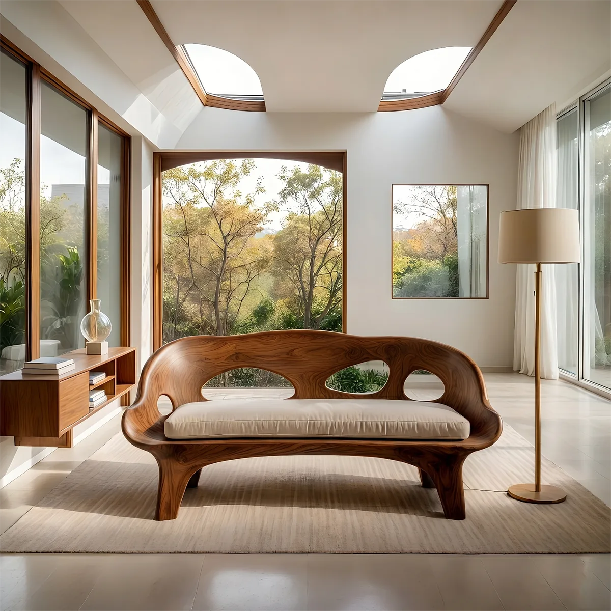 Organic Sculptural Wooden Sofa with Artistic Open-Back Design