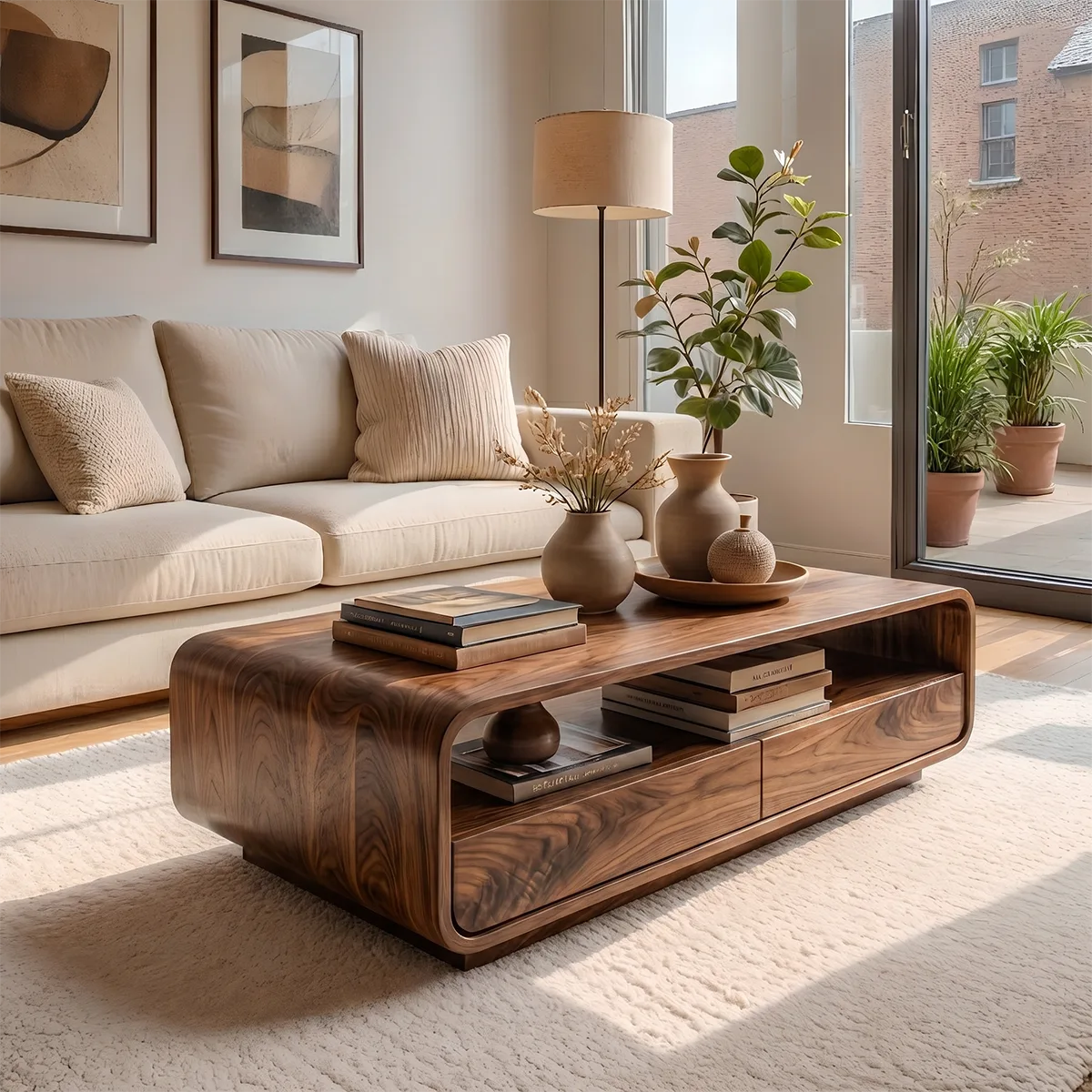 Modern Solid Wood Curved Coffee Table with Open Shelf and Drawers