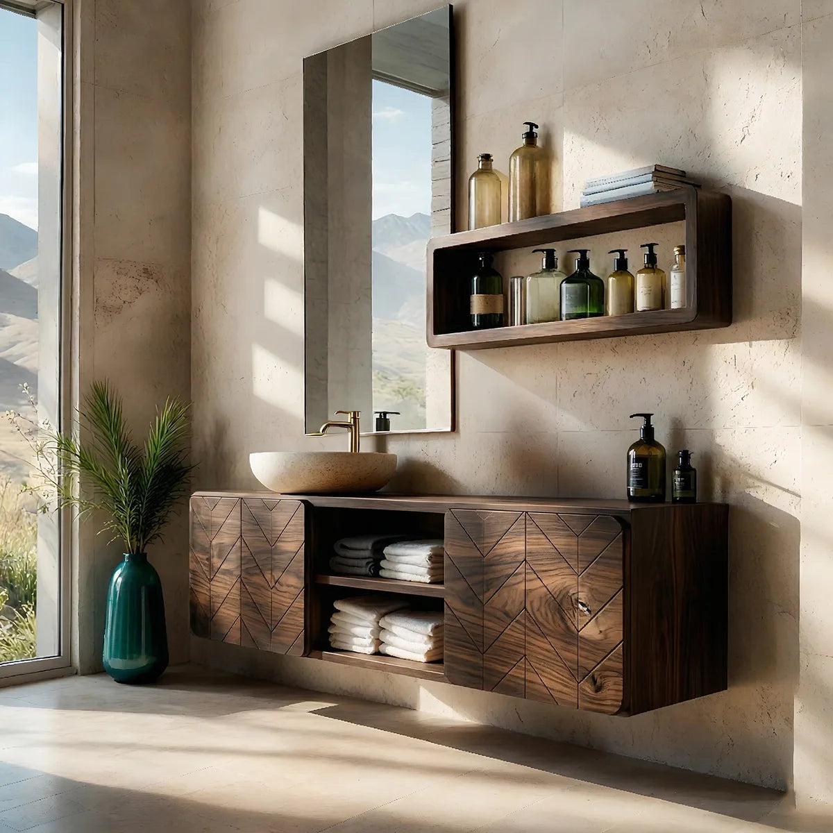Floating Solid Wood Bathroom Vanity with Geometric Doors and Open Center Shelves