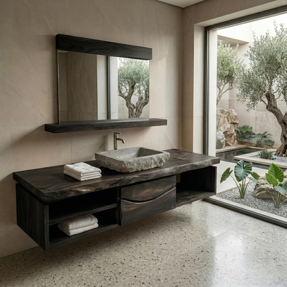 Floating Solid Wood Bathroom Vanity with Live Edge Top, Center Drawers and Open Shelves