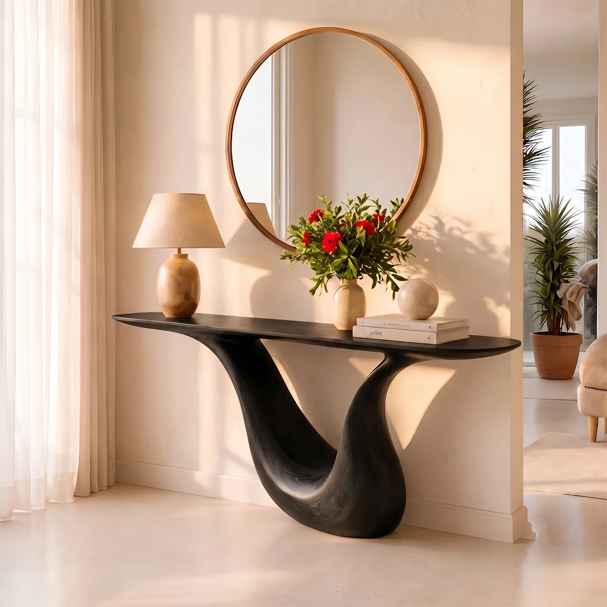 Modern Organic Console Table with Sculptural Solid Wood Base | Luxury Entryway Hall Console TT006-9584