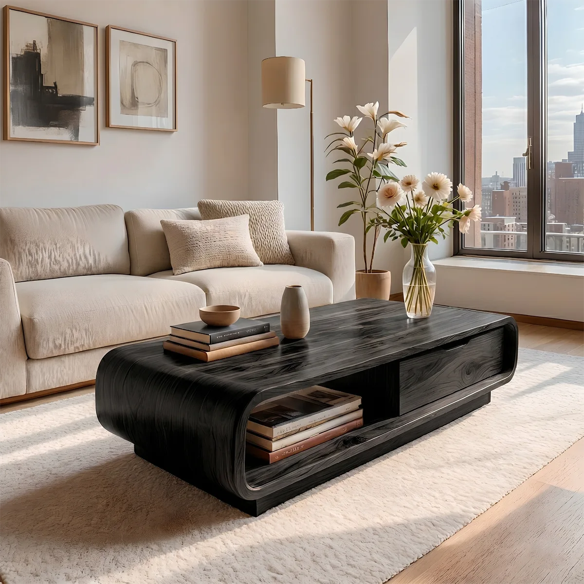 Modern Solid Wood Curved Coffee Table with Storage Drawer and Shelf