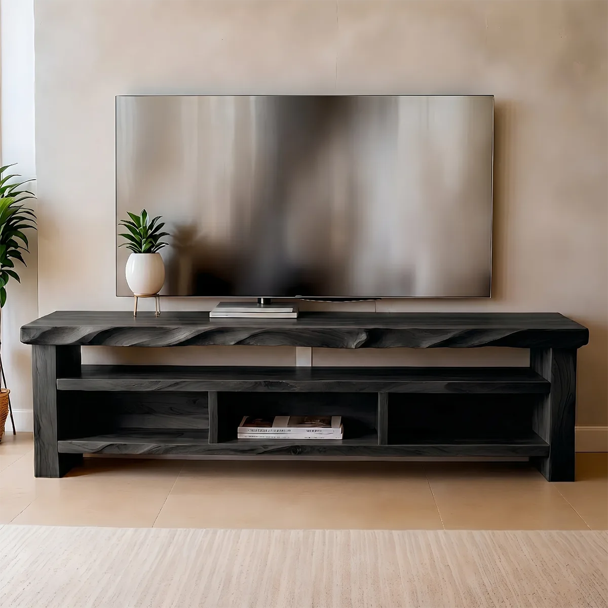 Modern Solid Wood Open TV Stand with Wavy Carved Edge