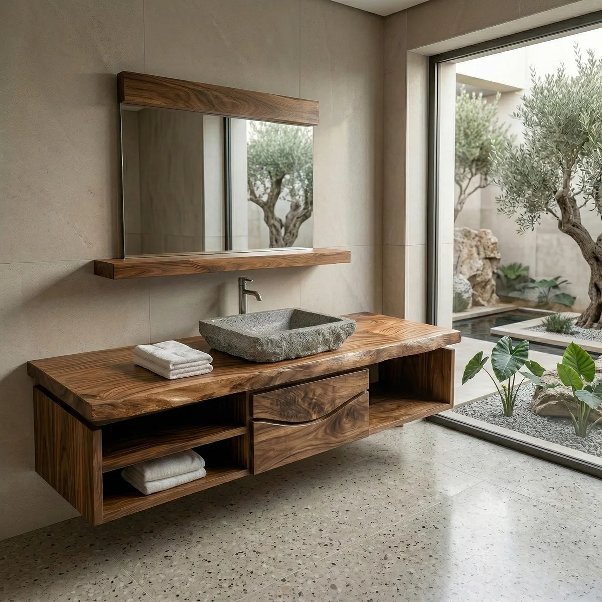 Floating Solid Wood Bathroom Vanity with Live Edge Top, Center Drawers and Open Shelves