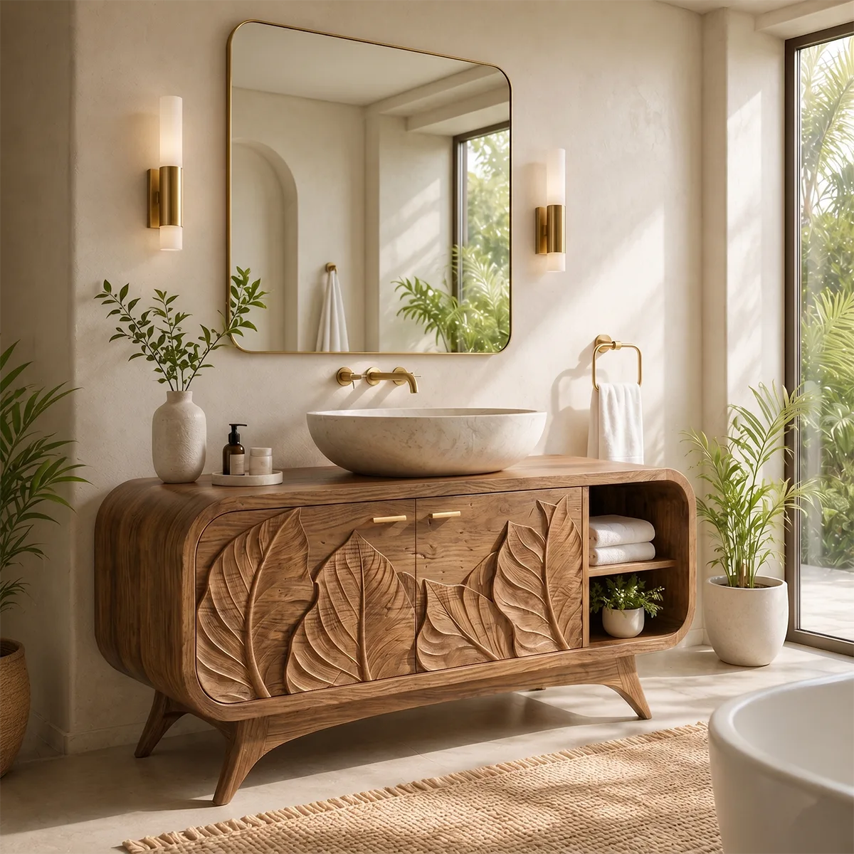 Botanical Leaf Relief Single Sink Bathroom Vanity Cabinet TT006-4332