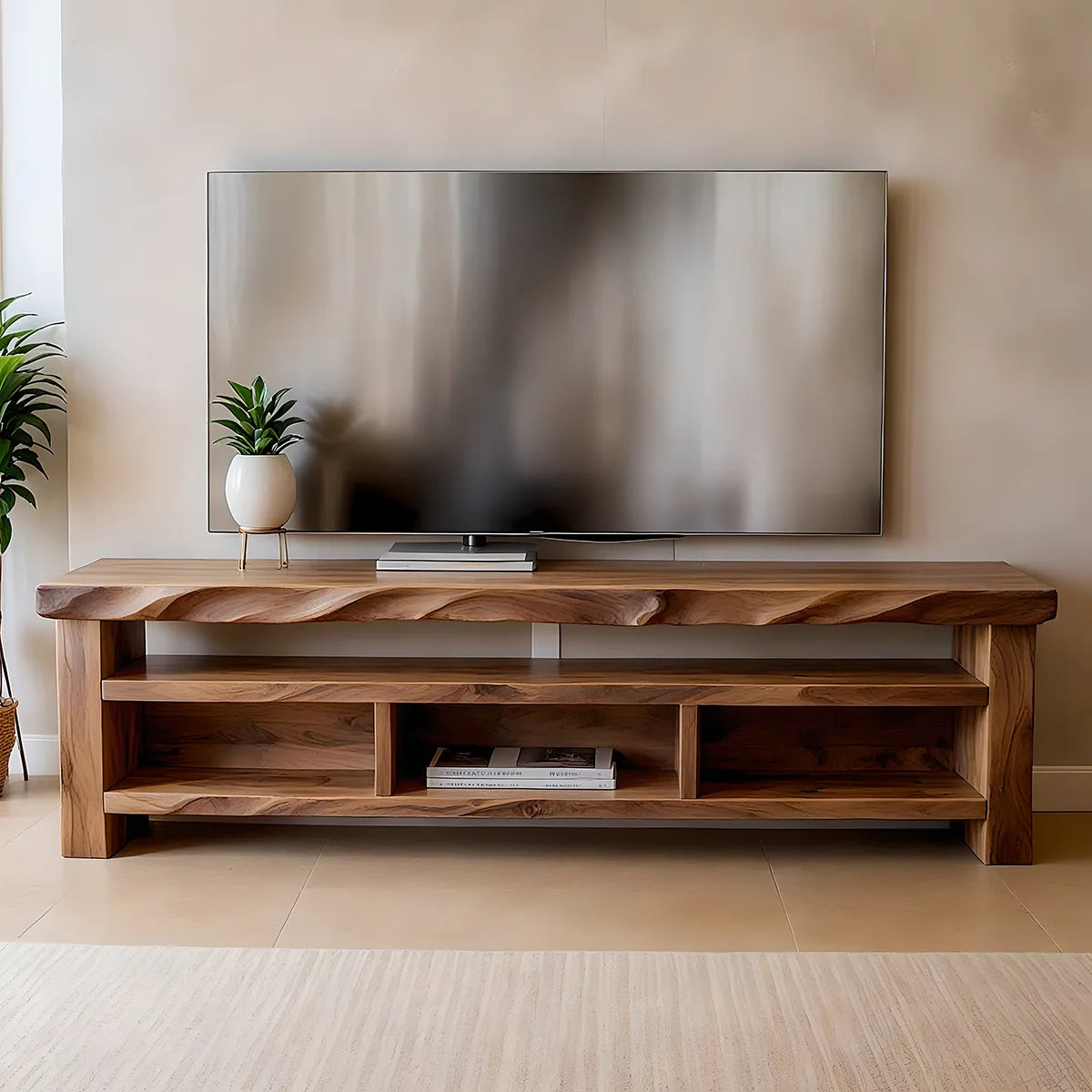 Modern Solid Wood Open TV Stand with Wavy Carved Edge