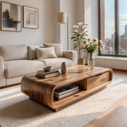 Modern Solid Wood Curved Coffee Table with Storage Drawer and Shelf