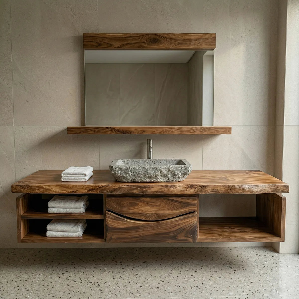 Floating Solid Wood Bathroom Vanity with Live Edge Top, Center Drawers and Open Shelves