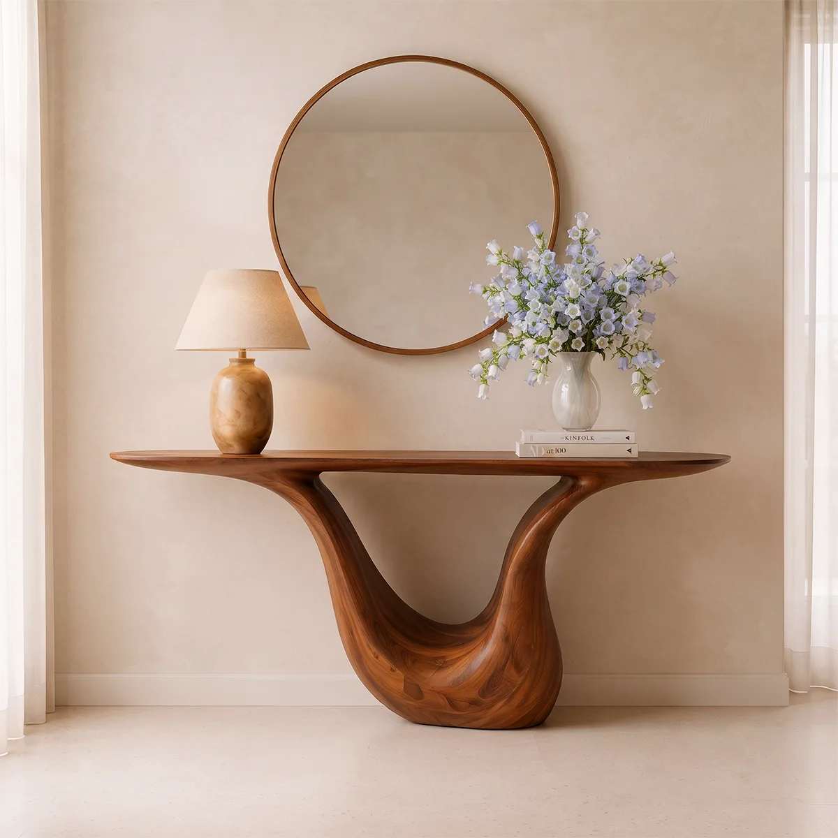 Modern Organic Console Table with Sculptural Solid Wood Base | Luxury Entryway Hall Console TT006-9584