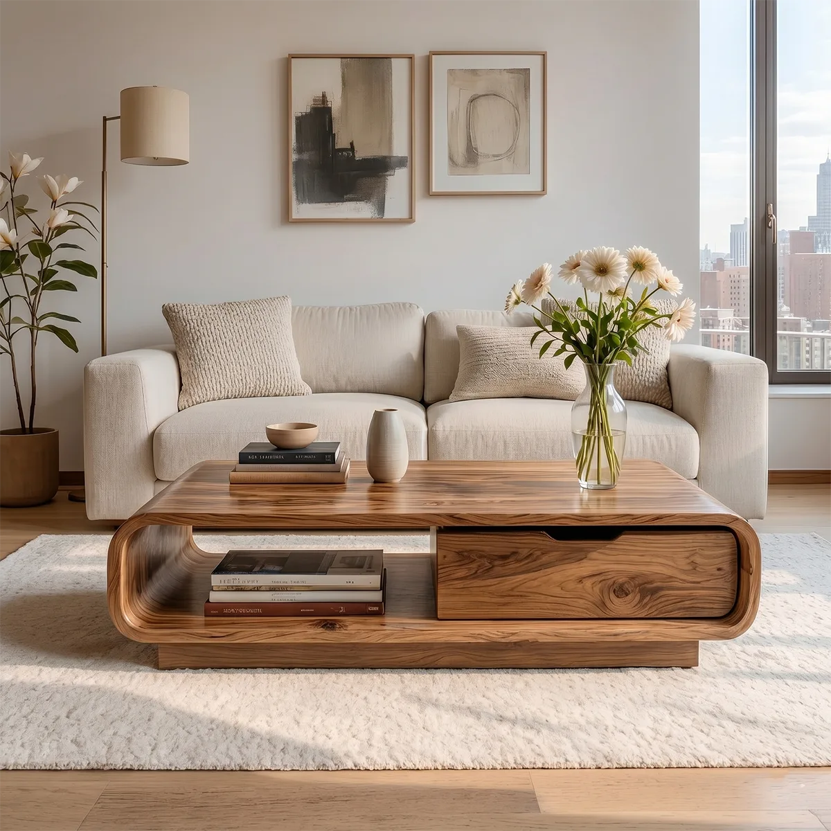 Modern Solid Wood Curved Coffee Table with Storage Drawer and Shelf