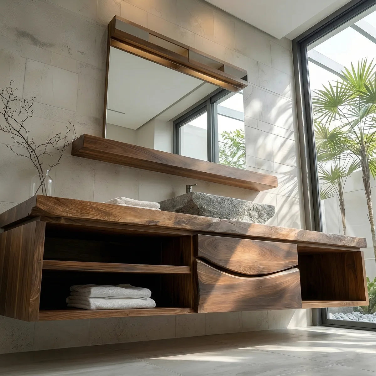 Floating Solid Wood Bathroom Vanity with Live Edge Top, Center Drawers and Open Shelves