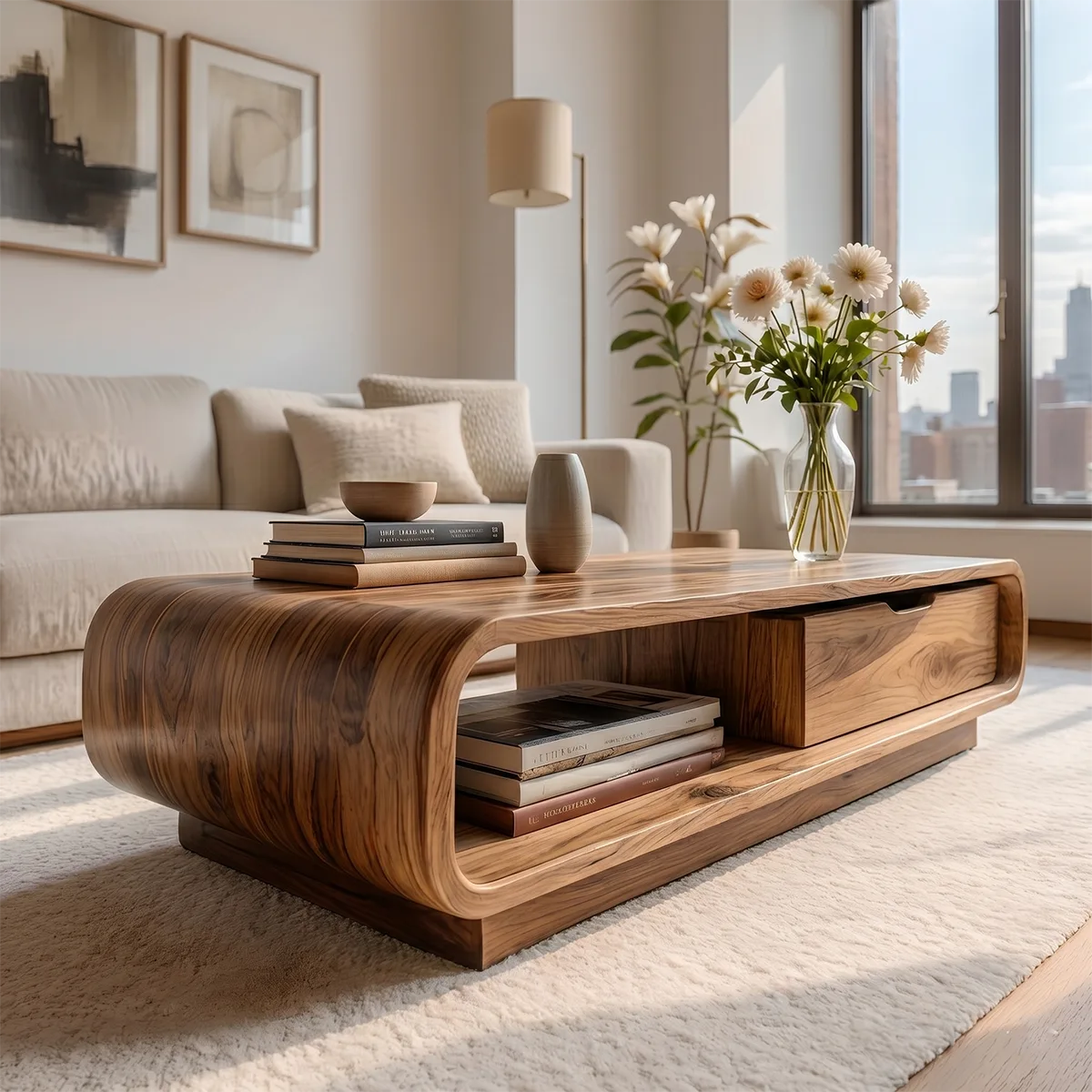 Modern Solid Wood Curved Coffee Table with Storage Drawer and Shelf