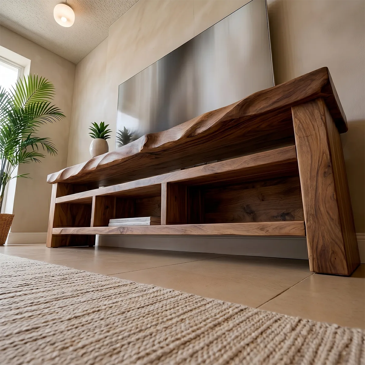 Modern Solid Wood Open TV Stand with Wavy Carved Edge