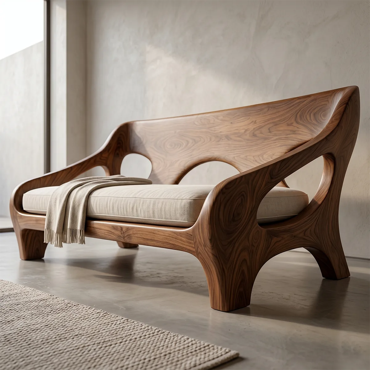 Luxury Organic Wooden Lounge Sofa with Sculptural Artisan Frame