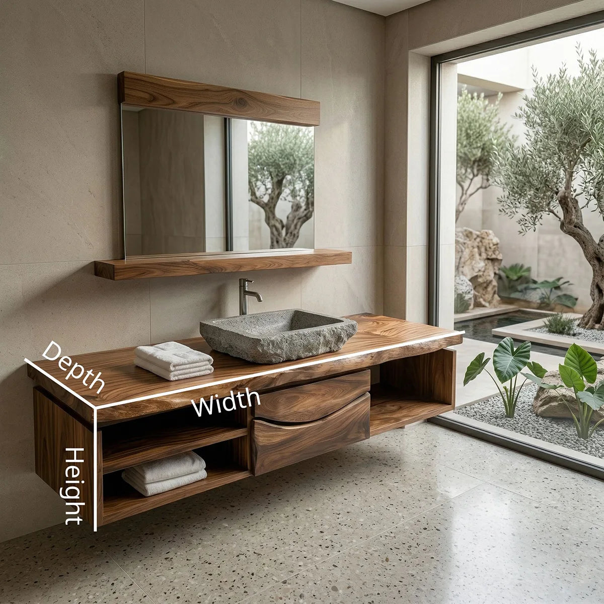 Floating Solid Wood Bathroom Vanity with Live Edge Top, Center Drawers and Open Shelves