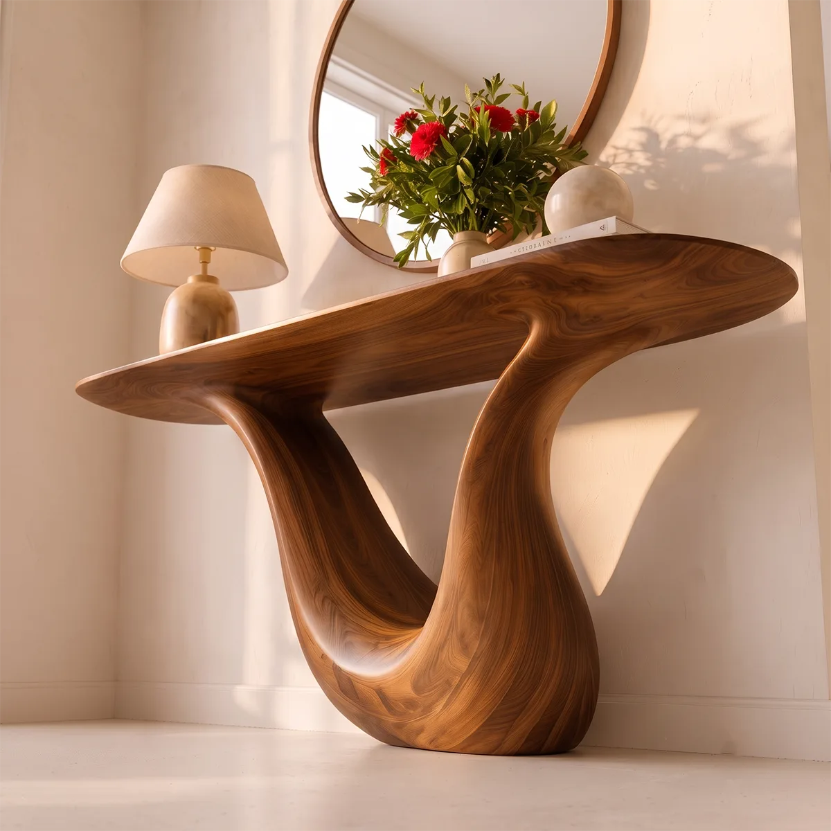 Modern Organic Console Table with Sculptural Solid Wood Base | Luxury Entryway Hall Console TT006-9584
