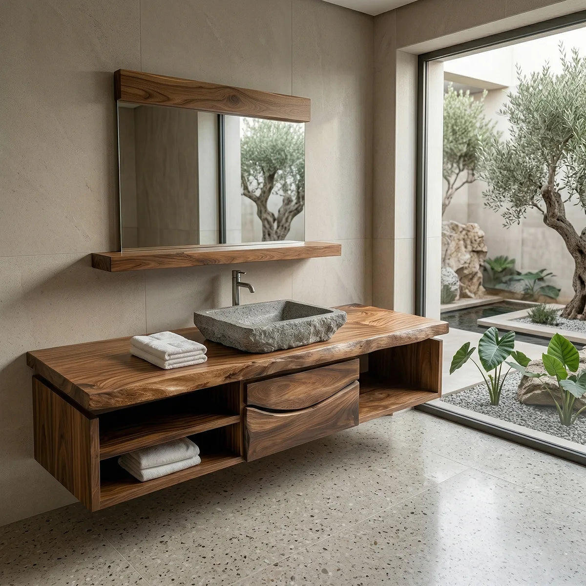 Floating Solid Wood Bathroom Vanity with Live Edge Top, Center Drawers and Open Shelves