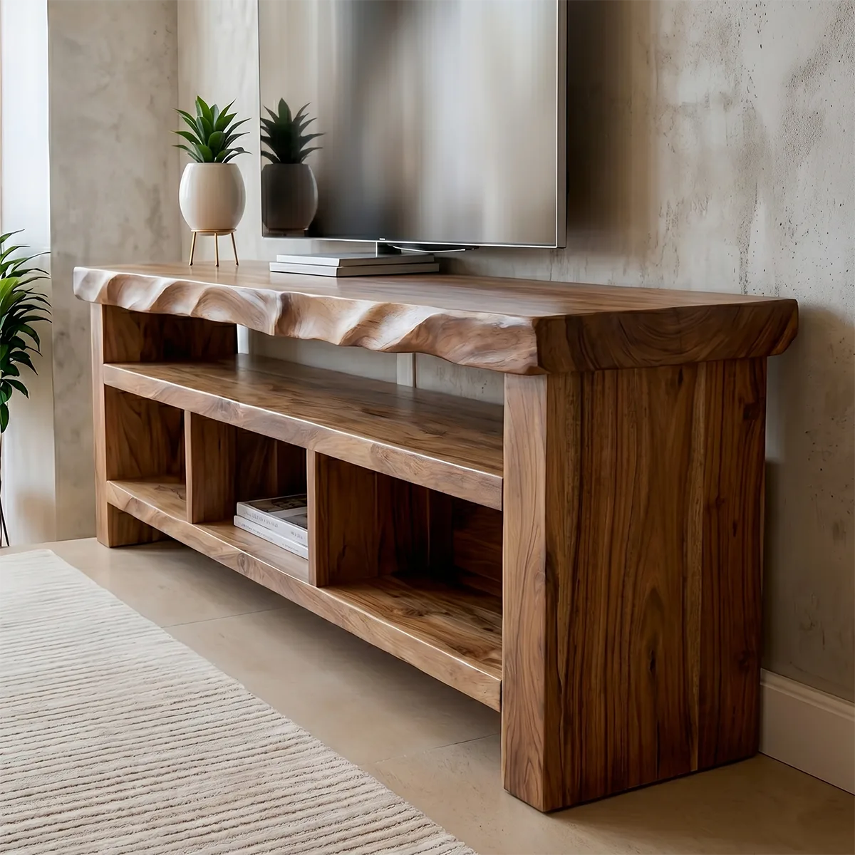 Modern Solid Wood Open TV Stand with Wavy Carved Edge