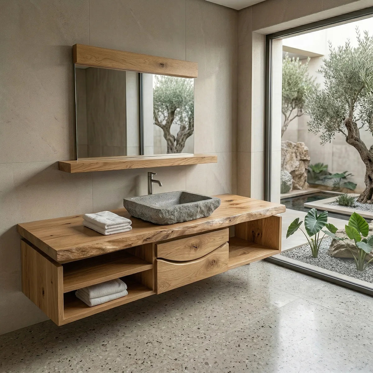 Floating Solid Wood Bathroom Vanity with Live Edge Top, Center Drawers and Open Shelves