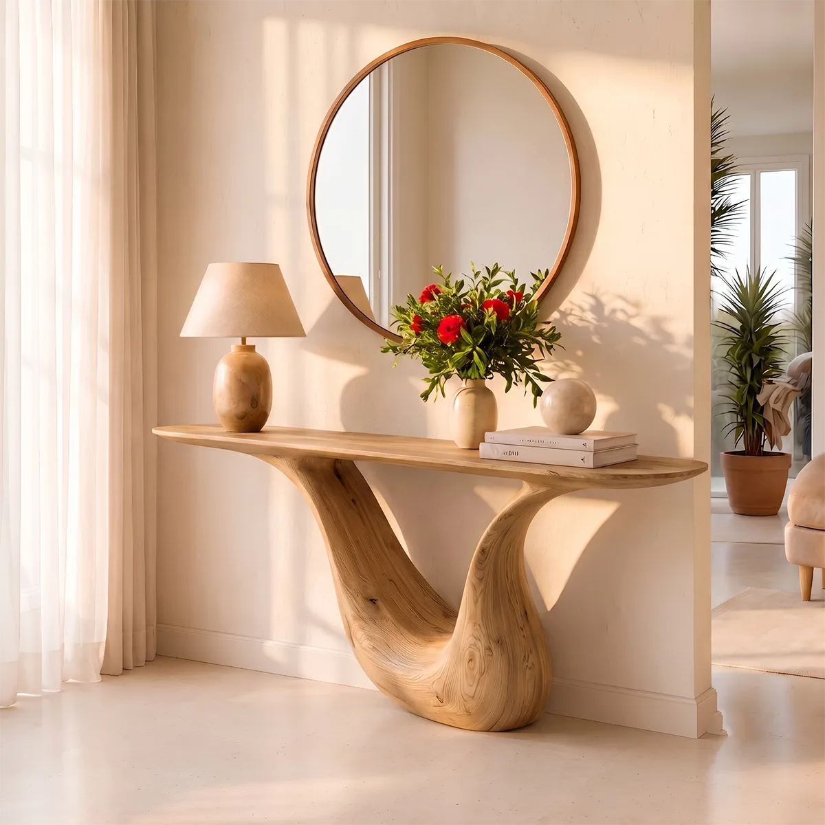 Modern Organic Console Table with Sculptural Solid Wood Base | Luxury Entryway Hall Console TT006-9584