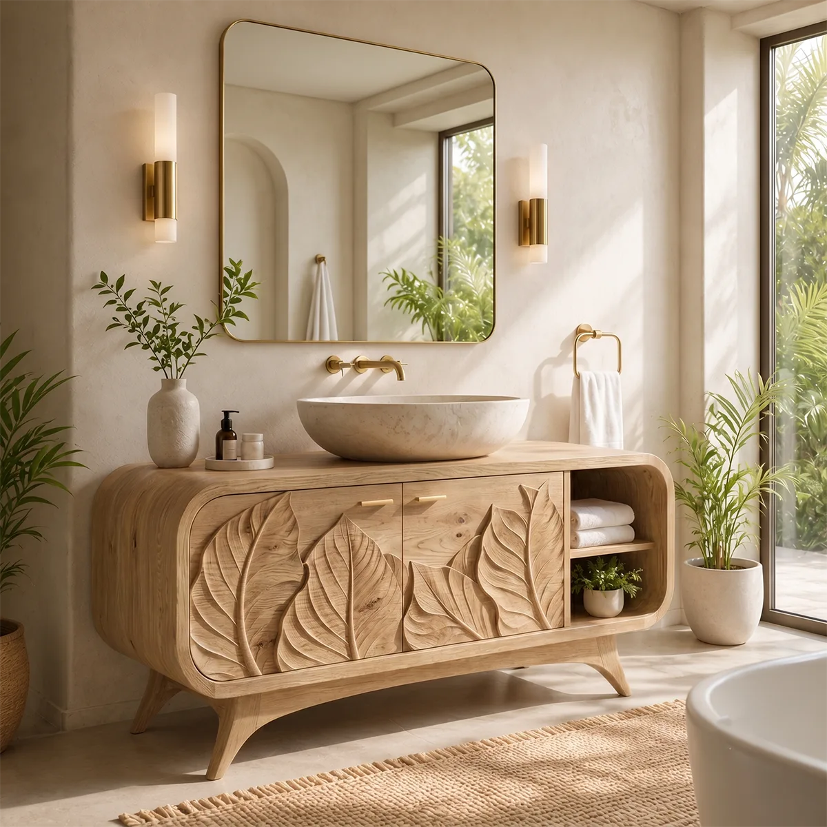 Botanical Leaf Relief Single Sink Bathroom Vanity Cabinet TT006-4332
