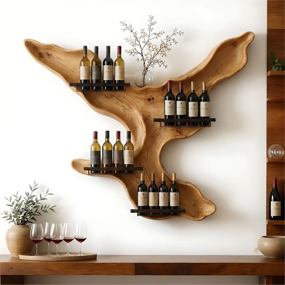 Live Edge Solid Wood Wall Wine Rack for Statement Dining Rooms & Wine Collectors TT006-8636