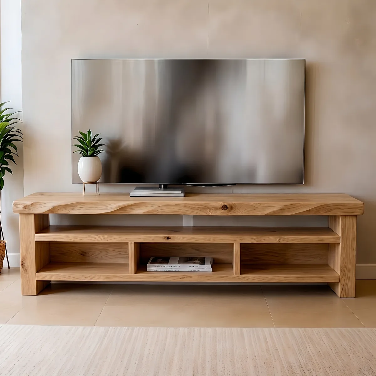 Modern Solid Wood Open TV Stand with Wavy Carved Edge