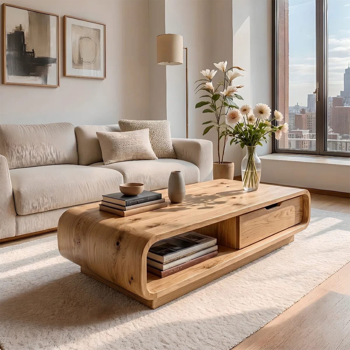 Modern Solid Wood Curved Coffee Table with Storage Drawer and Shelf