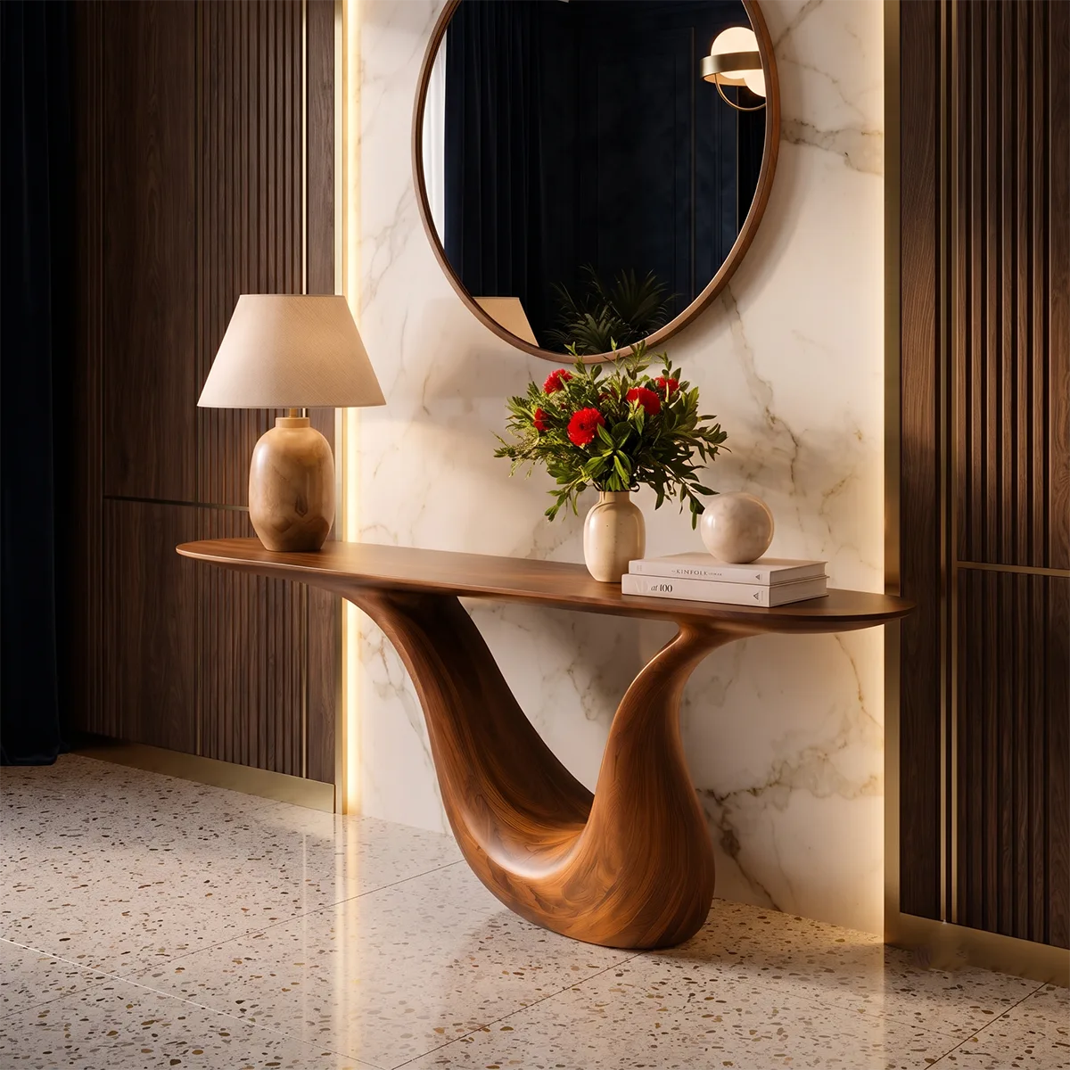 Modern Organic Console Table with Sculptural Solid Wood Base | Luxury Entryway Hall Console TT006-9584