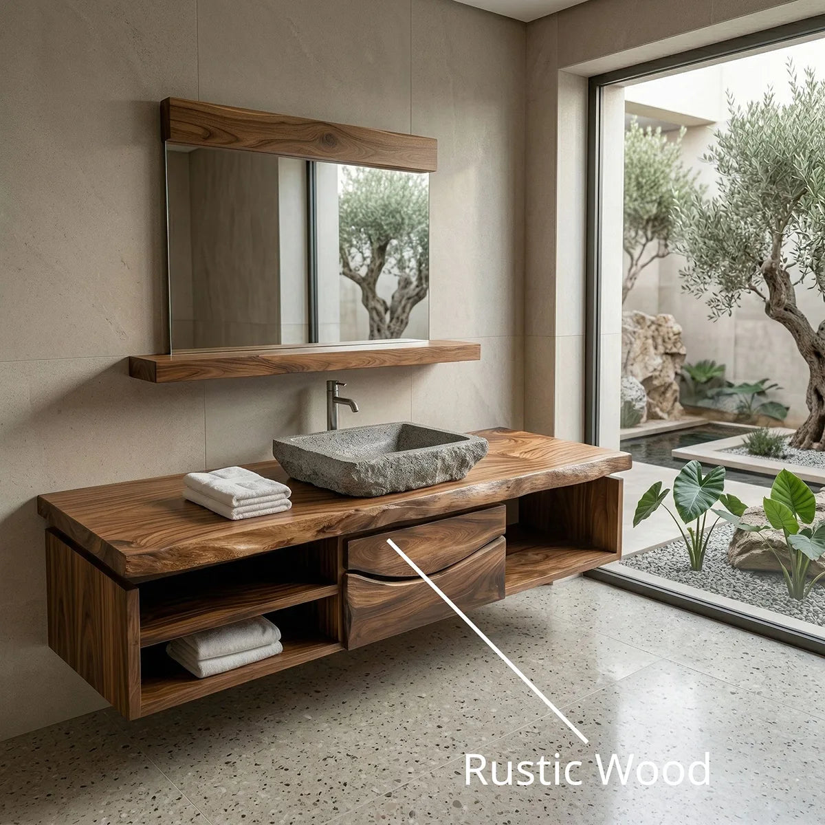 Floating Solid Wood Bathroom Vanity with Live Edge Top, Center Drawers and Open Shelves