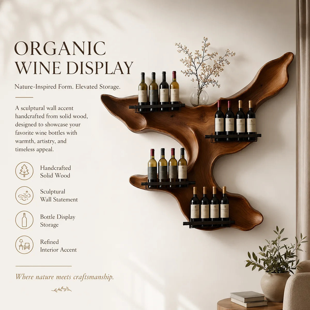 Live Edge Solid Wood Wall Wine Rack for Statement Dining Rooms & Wine Collectors TT006-8636