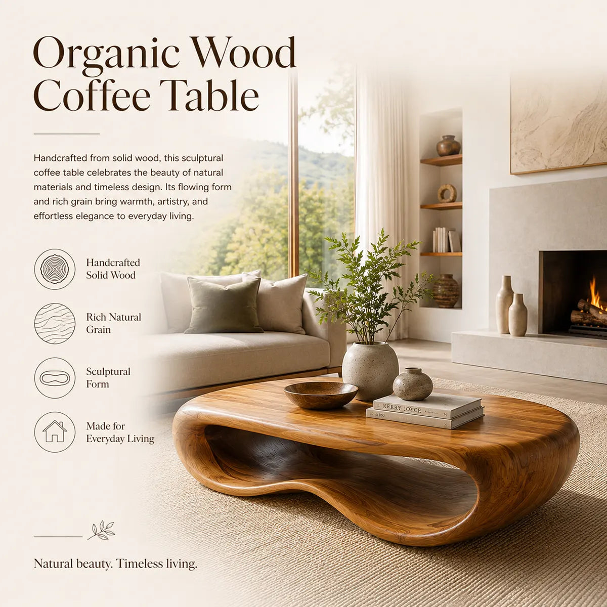 Modern Organic Coffee Table | Sculptural Low Profile Center Table with Open Base TT006-9114
