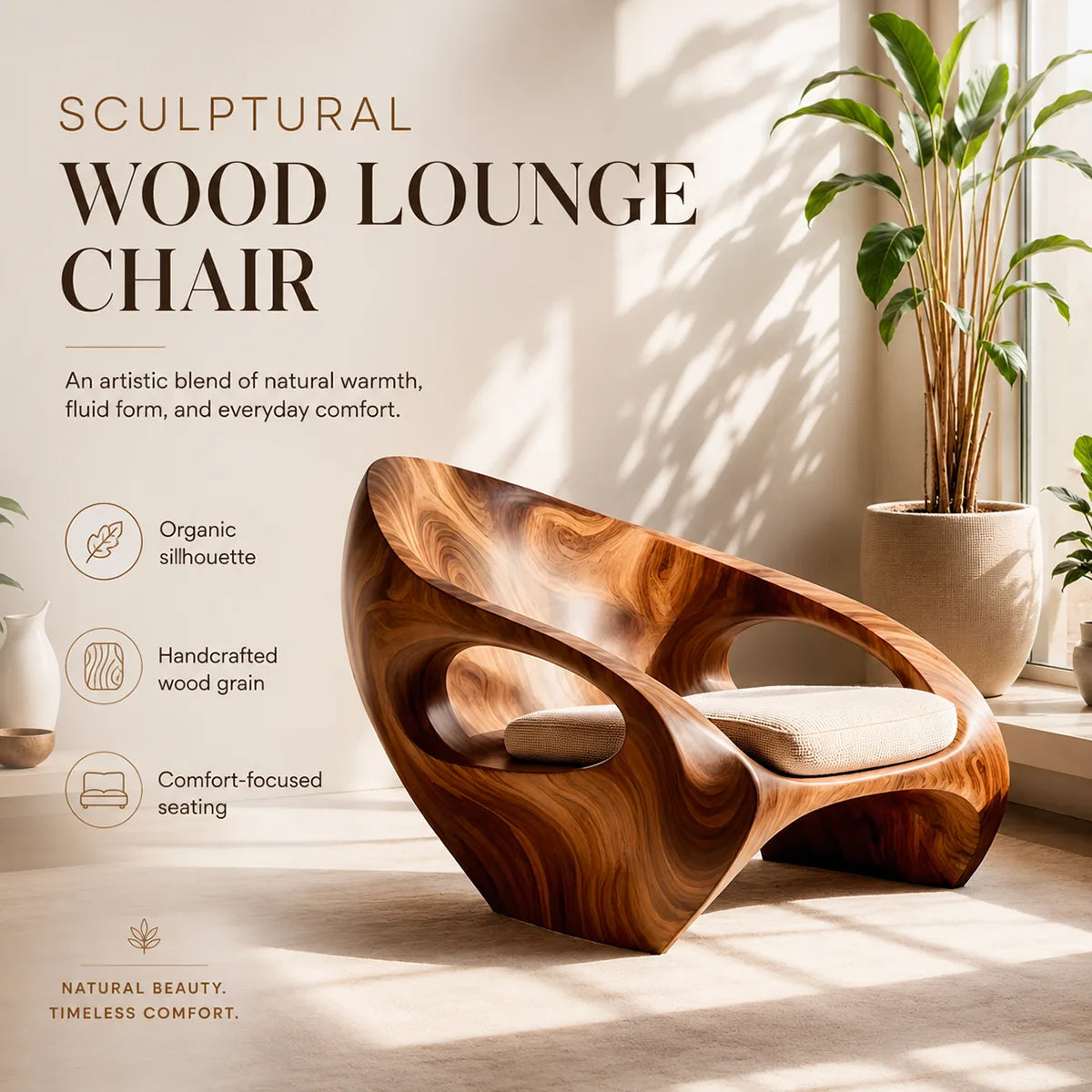 Organic Sculptural Solid Wood Lounge Chair | Luxury Handcrafted Wooden Accent Chair TT006-1298