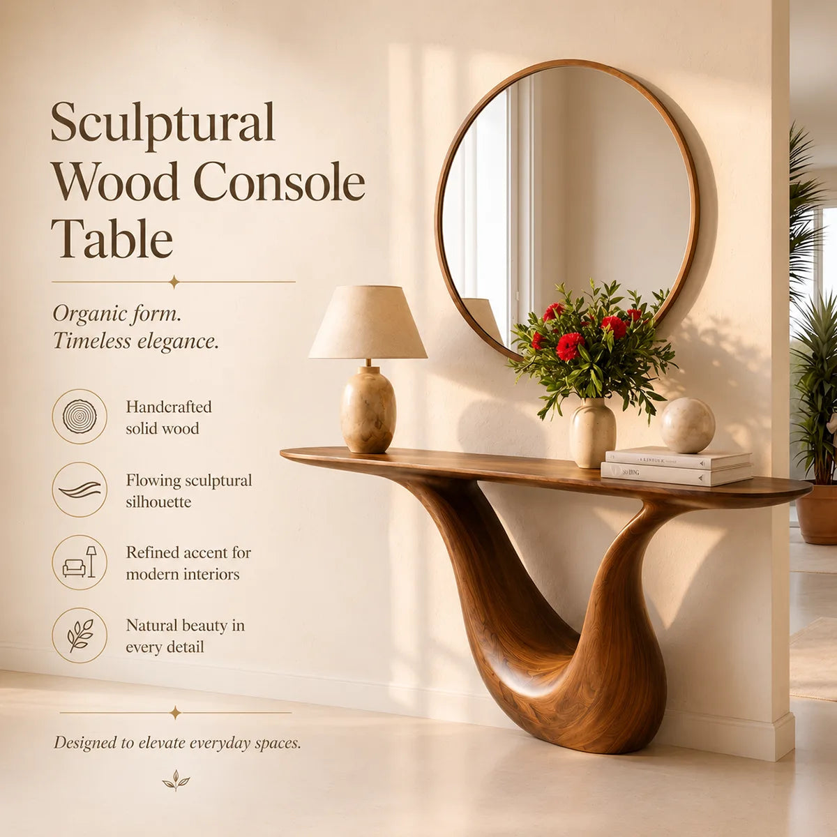 Modern Organic Console Table with Sculptural Solid Wood Base | Luxury Entryway Hall Console TT006-9584