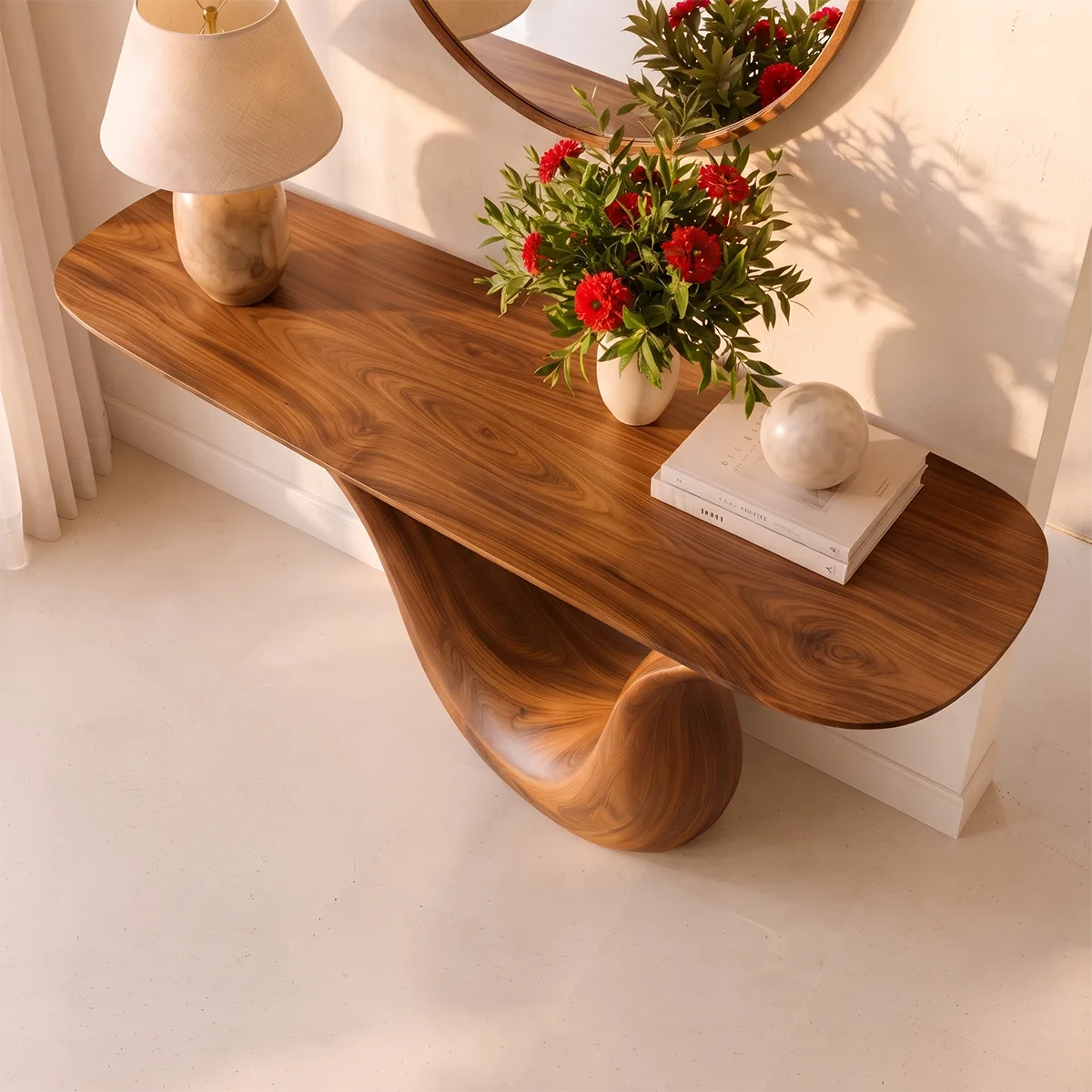Modern Organic Console Table with Sculptural Solid Wood Base | Luxury Entryway Hall Console TT006-9584