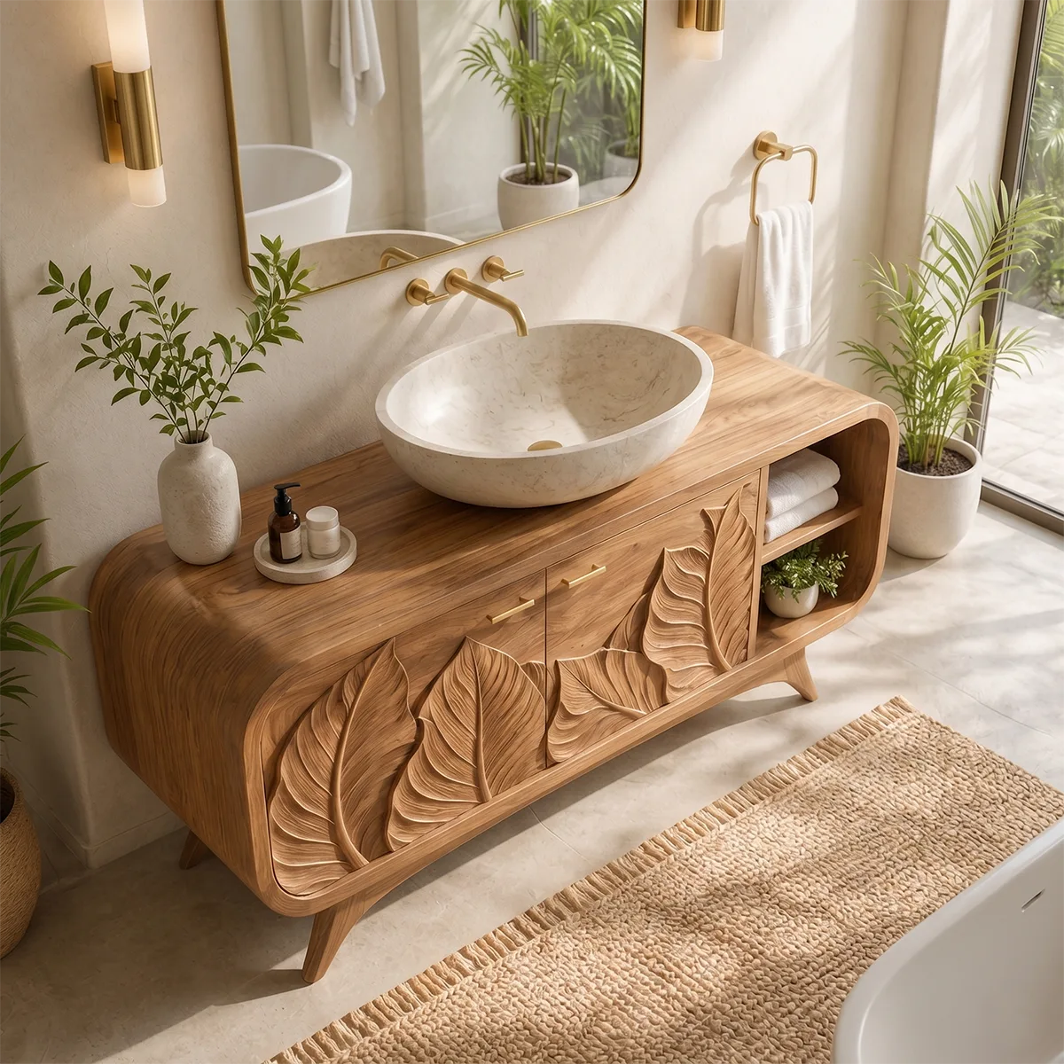Botanical Leaf Relief Single Sink Bathroom Vanity Cabinet TT006-4332