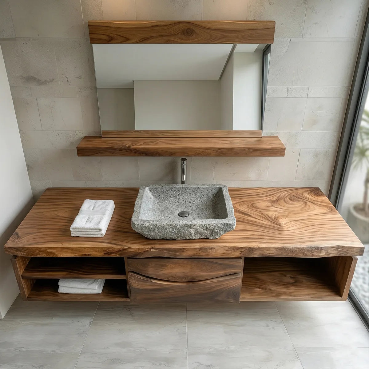 Floating Solid Wood Bathroom Vanity with Live Edge Top, Center Drawers and Open Shelves