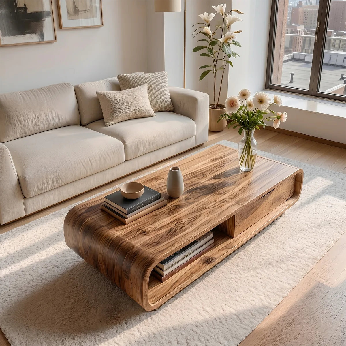 Modern Solid Wood Curved Coffee Table with Storage Drawer and Shelf